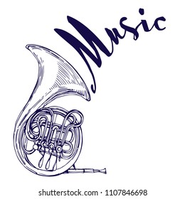 French horn music instrument hand drawn stock vector illustration design template for flyer, poster and invitation