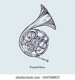 french horn music instrument line art drawing.