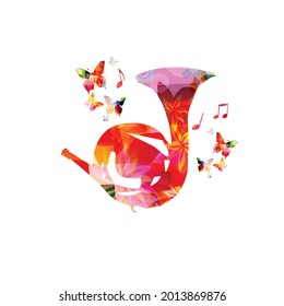 French horn with musical notes isolated for live concert events, jazz music festivals and shows, party flyer. Musical promotional poster with musical instrument colorful vector illustration