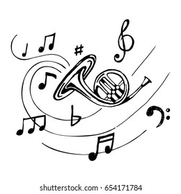  French horn with notes.  Sketch vintage trumpet. Vector.  Hand-drawn illustration  orchestra of musical wind instrument.