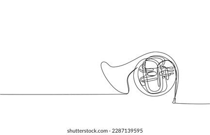 French horn one line art. Continuous line drawing of musical, classic, melody, acoustic, symphonic, horn, french, ensemble, orchestra, trumpet.