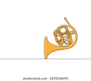 Französische Horn-eine-Linien-Farbkunst. Kontinuierliche Linienzeichnung von musikalischen, klassischen, melodisch, akustisch, symphonisch, horn, französisch, ensemble, orchester, trompet.