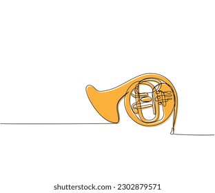 French horn one line color art. Continuous line drawing of musical, classic, melody, acoustic, symphonic, horn, french, ensemble, orchestra, trumpet.