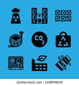 french horn, pills, laptop, factory, bag, xylophone, radiation, sound system and co vector icon. Simple icons set