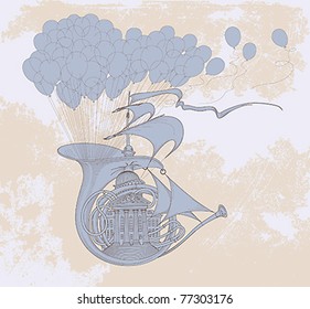 The French horn sailboat palace lifted up with air balloons is flying by wind. Conceptual vector illustration.