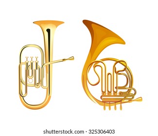 French Horn and Tuba - Brass Musical Instruments, Vector Illustrations isolated on white