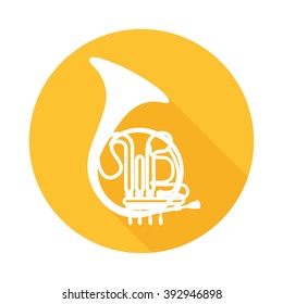 French Horn - Vector Illustration of Brass Instrument in Orange color round form.