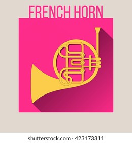 French horn vector illustration. In thin line flat style. On bright pink background. Isolated. Musical instrument. 