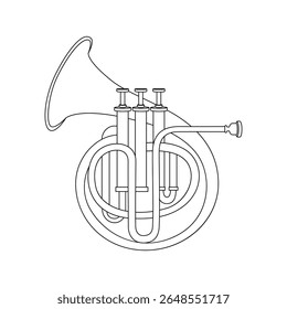 Instrumento de sopro de chifre francês em projeto detalhado de linha preta e branca. Perfeito para projetos temáticos de música, materiais educacionais e ilustrações de instrumentos.
