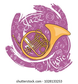 French horn. Wind musical instrument. Jazz instruments, on an abstract red background. With additional particles, musical attributes. Vector illustration.