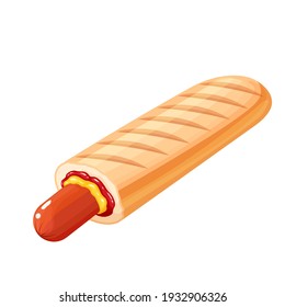 French hot dog, fast food icon. Sausage in a bun with ketchup and mustard. Vector illustration of hotdog close-up.