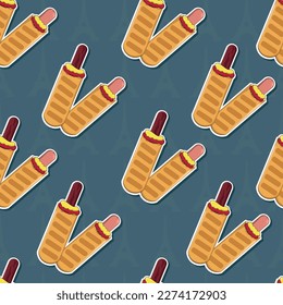 French hot dog, fast food, diner, cafe, vector graphics. Pattern, seamless image, background