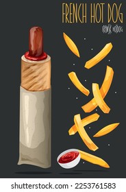 French hot dog and fried potatoes. Vector illustration