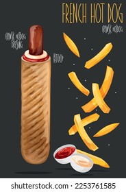 French hot dog and fried potatoes. Vector illustration