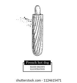 French hot dog. Grilled sausage and bun. Fast food. Hand drawn sketch style street food vector illustration. Isolated on white background.