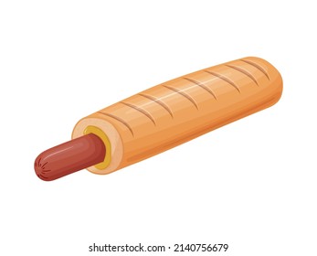 French Hot Dog. Illustration fast food in cartoon style. Sausage in a bun with mustard.