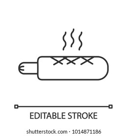 French hot dog linear icon. Thin line illustration. Sausage in dough. Contour symbol. Vector isolated outline drawing. Editable stroke
