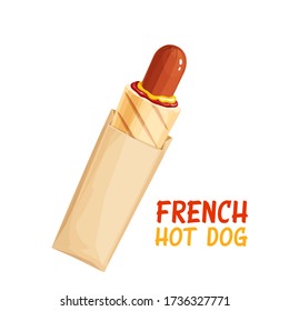 French hot dog in paper packaging, fast food icon. Sausage in a bun with ketchup and mustard. Vector illustration of hotdog close-up.