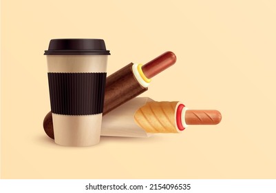 French hot dog realistic composition with set of white and brown hotdogs with coffee takeaway cup vector illustration