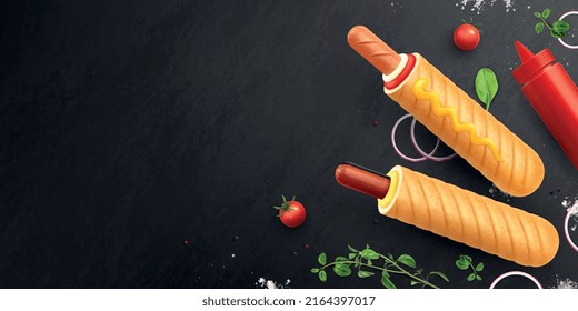 Französische Hot-dog-realistische Komposition mit einer Reihe isolierter Bilder mit Zutaten auf der Tafel, Vektorgrafik