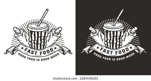 French hot dog with sausage and sauce and paper cup. Vector hotdog and crumpled plastic cup for street fast food.