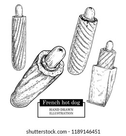 French hot dog set. Grilled sausage and bun, paper package an without. Fast food. Hand drawn sketch style street food vector illustrations collection. Isolated on white background.