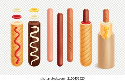 French hot dog set with isolated icons of hotdog essentials realistic images of bread and sausages vector illustration