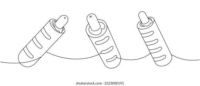 French hot dog set one line continuous drawing. American street fast food. Vector linear illustration.