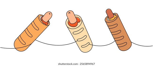 French hot dog set one line colored continuous drawing. American street fast food. Vector linear illustration.