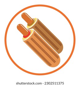 French hot dogs with ketchup and mustard. Delicious, fresh, crispy hot dog. Hot dog icon, fast food logo, food truck. A tasty, high-calorie meat and cereal snack. Sausage roll


