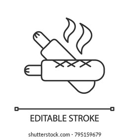 French hot dogs linear icon. Thin line illustration. Sausages in dough. Contour symbol. Vector isolated outline drawing. Editable stroke