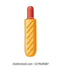 French hotdog with ketchup. Vector color flat illustration for poster, menus, brochure, web. Icon isolated on white background.