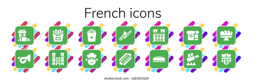french icon set. 14 filled french icons.  Simple modern icons such as: Croissant, French horn, fries, Notre dame, Chef, Trombone, Harmonica, Bread, Fry, Baguette, Nantes