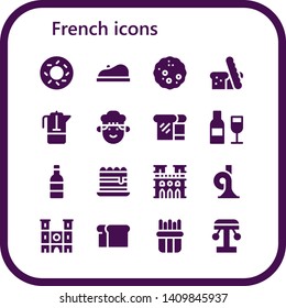 french icon set. 16 filled french icons.  Collection Of - Bagel, Beret, Bread, French press, Chef, Wine, Tiramisu, Notre dame, horn, fries, Amusement park