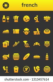 french icon set. 26 filled french icons.  Collection Of - Wine, Bagel, French press, Bread, horn, Baguette, Beret, Chef, Trombone, Croissant, Nantes, Macaron, Amusement park