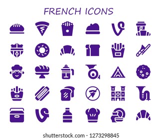  french icon set. 30 filled french icons. Simple modern icons about  - Bread, Crepe, French fries, Beret, Vine, Croissant, Nantes, Bagel, Trombone, Chef, Baguette, French press