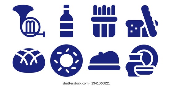 french icon set. 8 filled french icons.  Collection Of - Bread, French horn, Bagel, Wine, Beret, fries, Porcelain