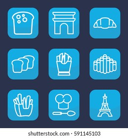french icon. Set of 9 outline french icons such as Arc de Triomphe, Eiffel Tower, french fries, croissant, harmonica, bread