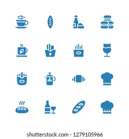 french icon set. Collection of 16 filled french icons included Chef, Bread, Wine, Chef hat, Croissant, French press, Fries, French fries, Tea, Macarons