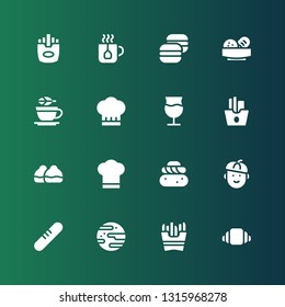 french icon set. Collection of 16 filled french icons included Croissant, French fries, Jawbreaker, Bread, Semla, Chef hat, Bun, Wine, Chef, Tea, Macaron, Fries