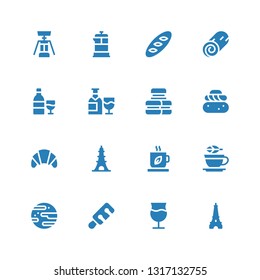 french icon set. Collection of 16 filled french icons included Eiffel tower, Wine, Jawbreaker, Tea, Croissant, Semla, Macarons, Cinnamon roll, Bread, French press, Corkscrew