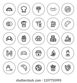 French icon set. collection of 25 outline french icons with cinnamon roll, chef hat, chef, croissant, fries, frying, fast food, jawbreaker, macaron icons. editable icons.