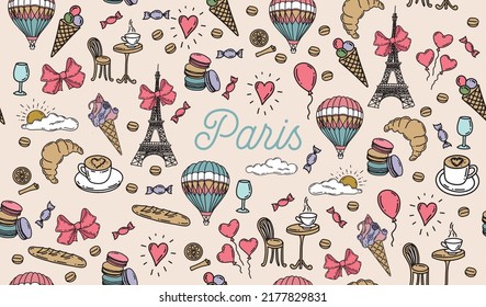 French icons, Paris sketch illustration. Vector.	
