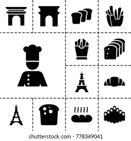 French icons. set of 13 editable filled french icons such as arc de triomphe, eiffel tower, bread, french fries, croissant, harmonica
