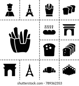 French icons. set of 13 editable filled french icons such as arc de triomphe, eiffel tower, bread, french fries, croissant, harmonica