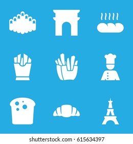 French icons set. set of 9 french filled icons such as Arc de Triomphe, Eiffel Tower, french fries, croissant, harmonica, chef