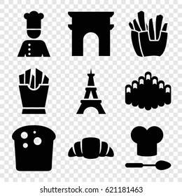French icons set. set of 9 french filled icons such as Arc de Triomphe, Eiffel Tower, french fries, croissant, harmonica, chef, chef hat and spoon