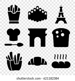 French icons set. set of 9 french filled icons such as Arc de Triomphe, Eiffel Tower, french fries, croissant, harmonica, bread