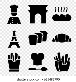 French icons set. set of 9 french filled icons such as Arc de Triomphe, Eiffel Tower, french fries, croissant, chef, bread