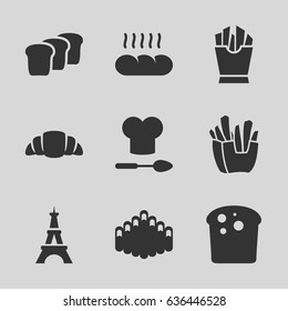 French icons set. set of 9 french filled icons such as eiffel tower, french fries, croissant, harmonica, bread